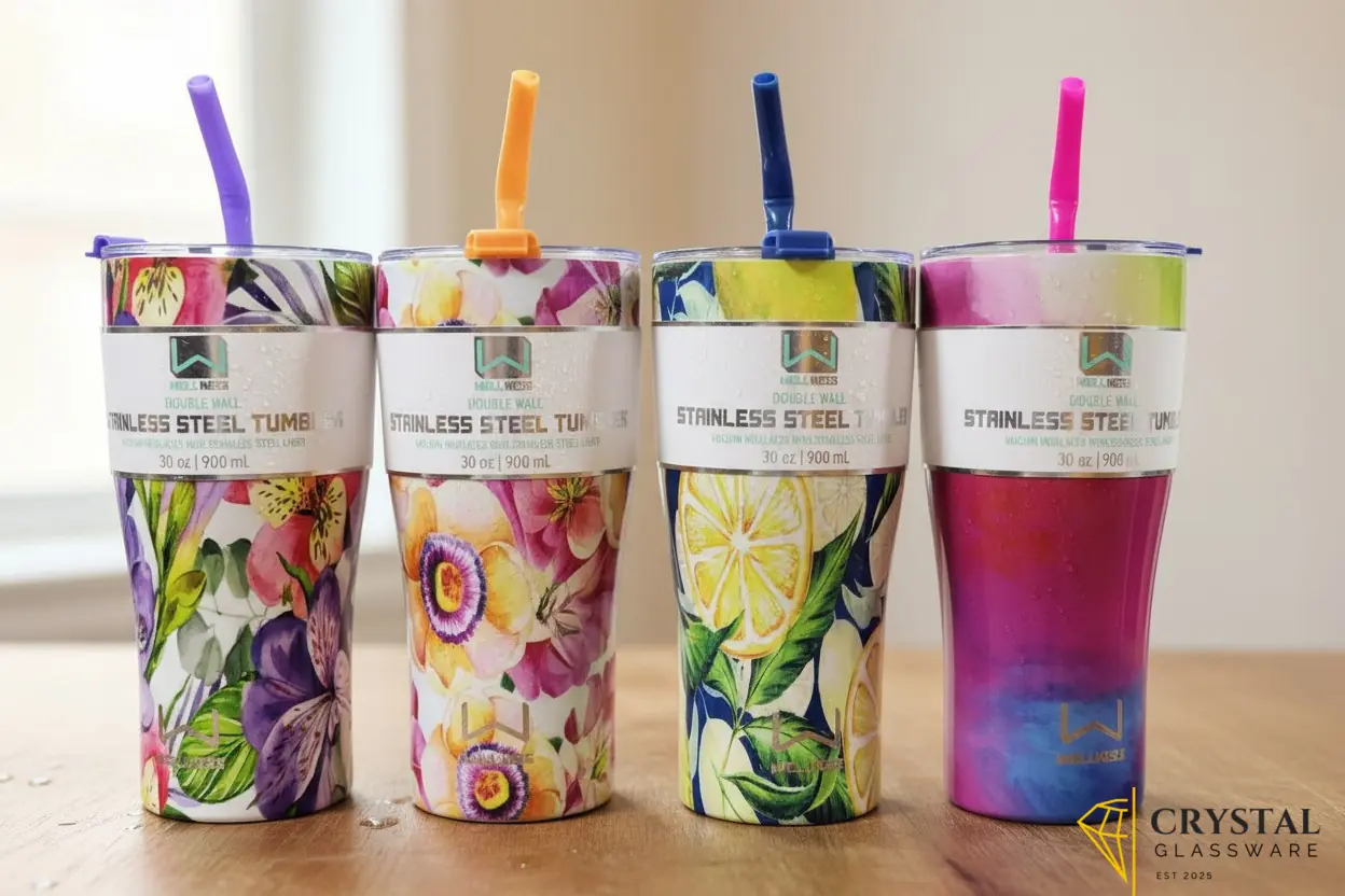 Wellness Double Wall Stainless Steel Tumblers with a 30 oz (900 mL) capacity and vibrant floral or citrus prints — Crystal Glassware Pakistan
